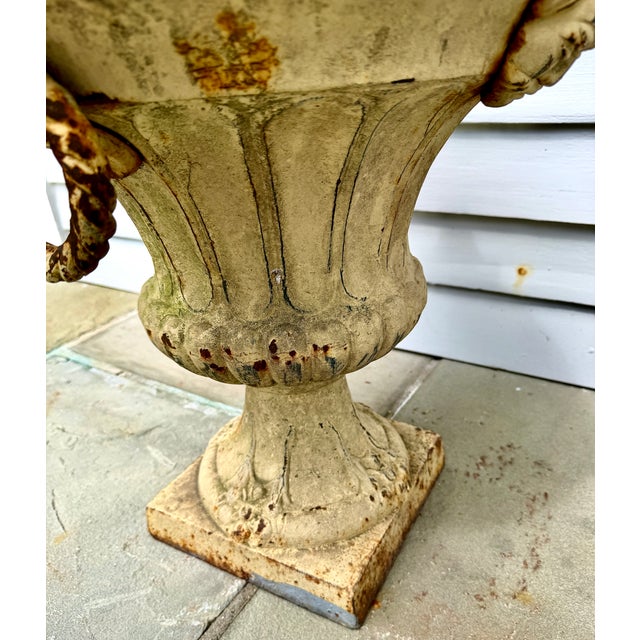 Pair 19th Century White Painted Cast Iron Garden Urns With Ring Handles and Masks For Sale - Image 11 of 17