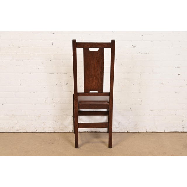 Gustav Stickley Antique Mission Oak Arts & Crafts H-Back Dining Chairs With Leather Seats, Newly Restored For Sale - Image 9 of 11