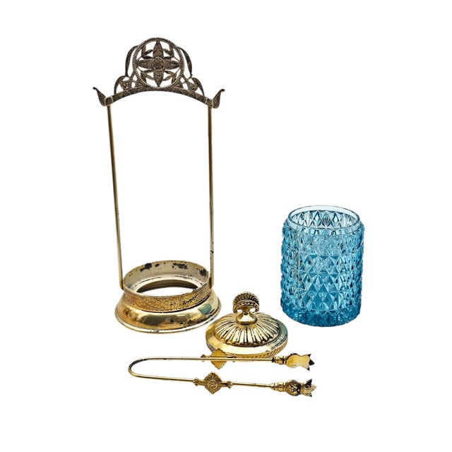 Vintage Aesthetic Daisy Button Blue Glass Pickle Castor Gp Original Tongs 11" For Sale - Image 10 of 18