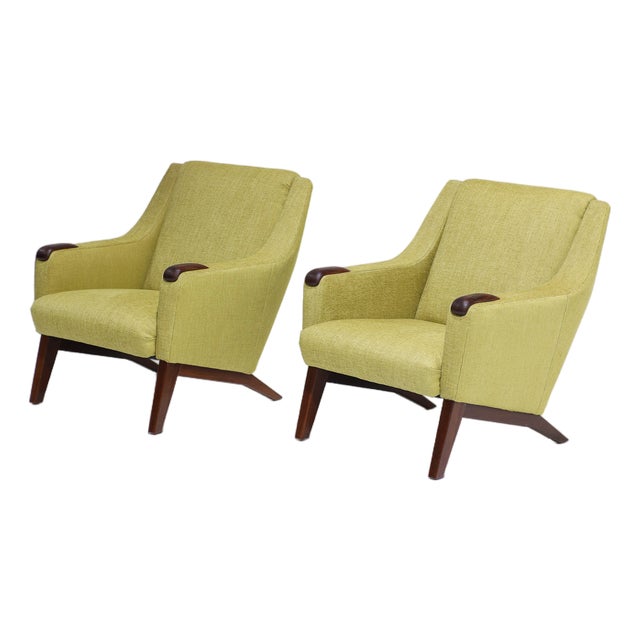 Vintage Lounge Chairs in Teak and Yellow Fabric, 1960s, Set of 2 For Sale
