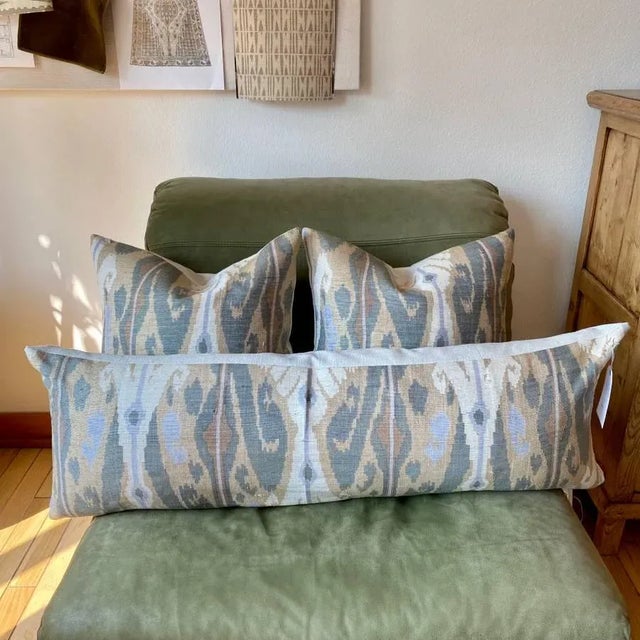 Indian Raw Silk Ikat Long Lumbar Decorative Pillow in Green, Tan For Sale - Image 3 of 7