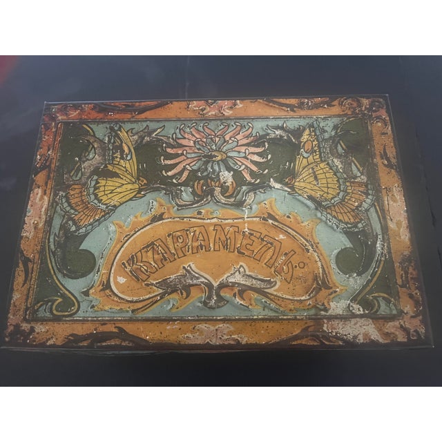 Antique Polychromed Kapamenb Caramel Candy Tin Metal Box With Lid For Sale - Image 6 of 7