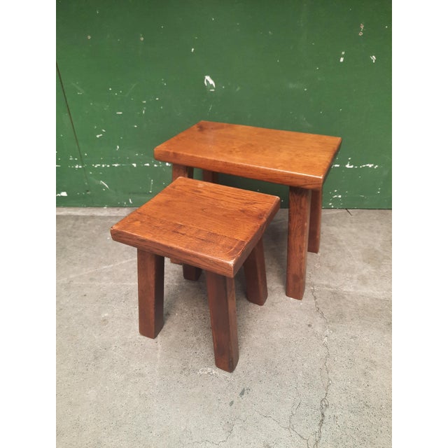 Set of two brutalist style oak side tables Size: Small 23 cm x 24 cm x 28 cm height Large 38 cm x 23,5 cm x 33 xm height