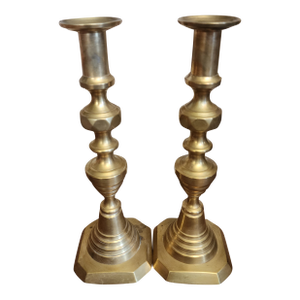 19th C English Geogian Brass Beehive Push Up Candlesticks