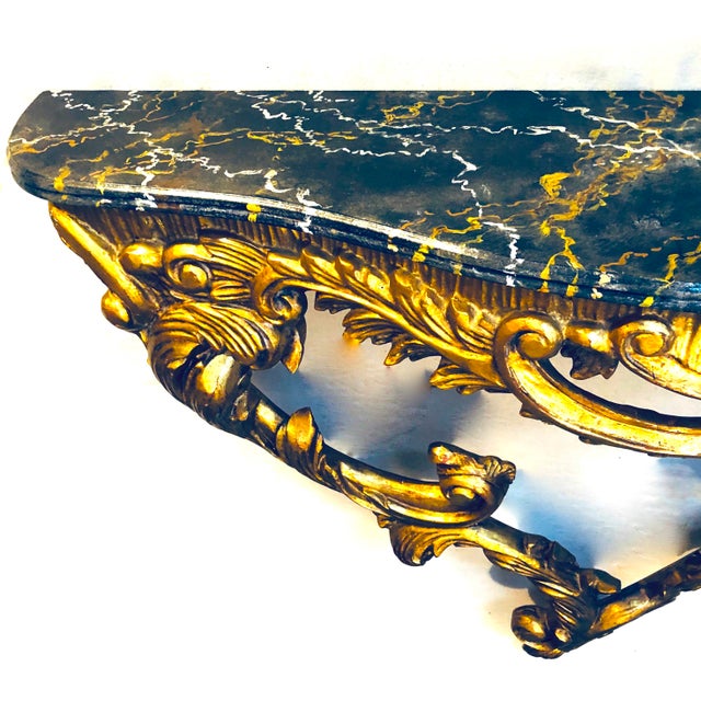 Rococo Antique Hand-Carved Gilt Wood Console - Wall Mount - Faux Marble Top For Sale - Image 3 of 12