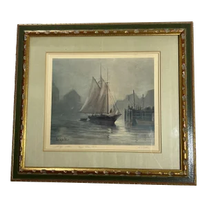 Original Signed Lithograph "Safe Returns" Sail Boat Scene by William E. De Garthe (1907-1983)