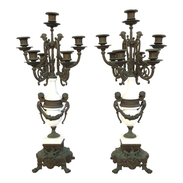 Pair of Italian Louis XIV Brevetto Marble Candelabras/Unlacquered Brass For Sale
