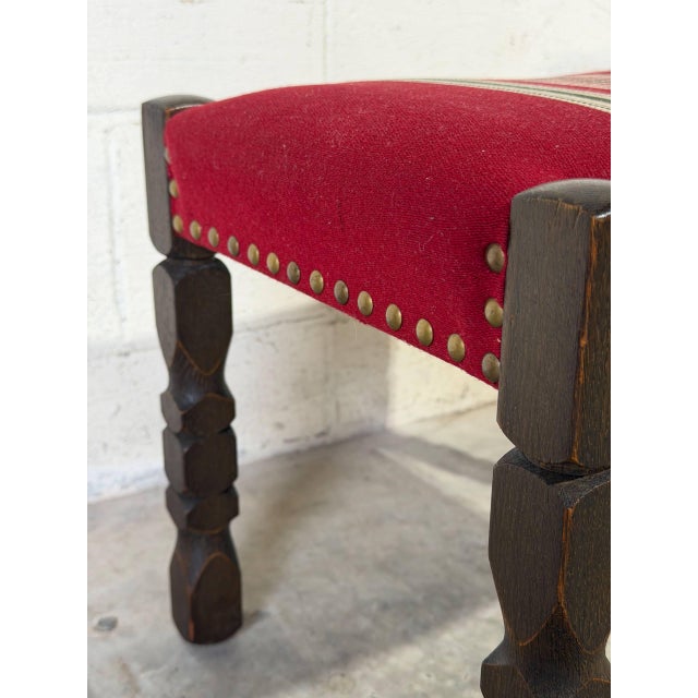 Dark Oak Ottoman Footstool With Red Striped Fabric Upholstery and Nailhead Trim Vintage For Sale - Image 9 of 10