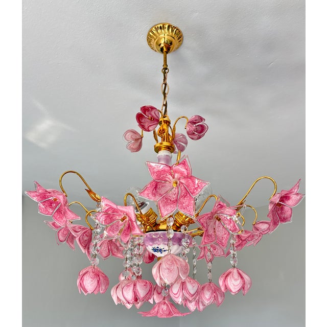 Vintage Murano Style Large Chandelier, Pink Floral Chandelier, Bouquet Style Ceiling Light, 4-Light Flush Mount For Sale - Image 13 of 16