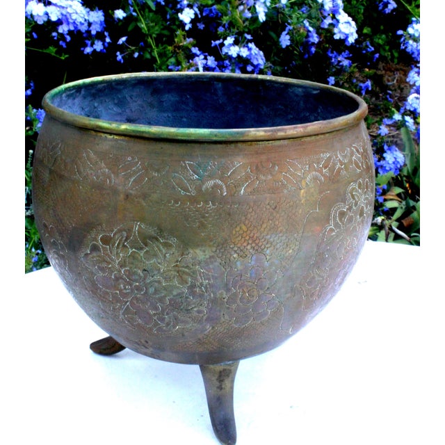 8" Vintage Hand-Chased Brass Cachepot Jardinere – Peony & Chrysanthemum Engravings For Sale - Image 4 of 15