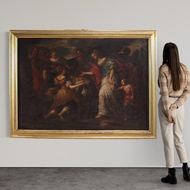 Antique 17th-century Italian painting. Oil on canvas, first canvas, artwork depicting Moses Saved from the Waters, the...