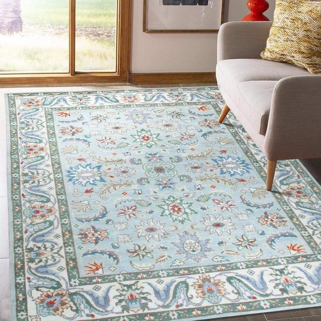 Textile 8x10 Hand-Knotted Wool Floral Sky Blue Classic Traditional Modern Carpet Rug For Sale - Image 7 of 8