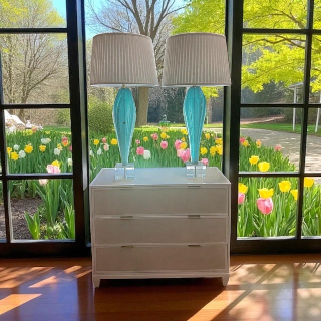 1950s Teal Pulegoso Winged Murano Lamps on Lucite For Sale - Image 5 of 6