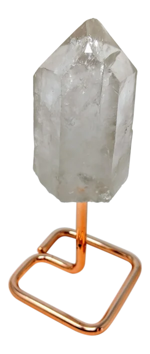 Organic Modern Boho White and Rose Gold Quartz Crystal Point Gemstone Specimen With Stand