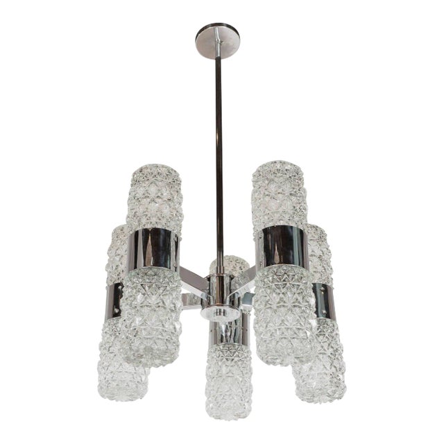 Mid-Century Modernist Chandelier by Kinkeldey in Chrome and Textured Glass For Sale