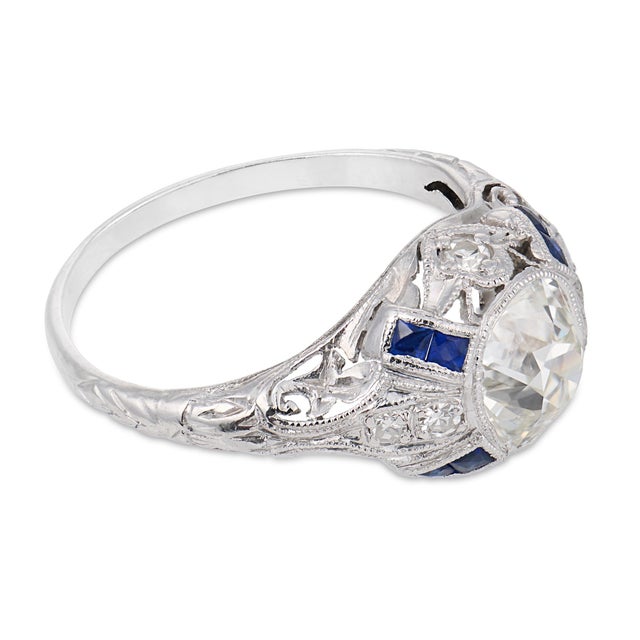 1930s Art Deco Gia 1.36 Carat Diamond Sapphire Platinum Engagement Ring, Size 5.75 For Sale - Image 4 of 8