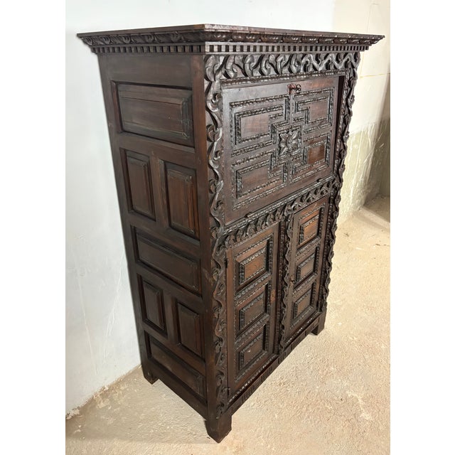 Antique Baroque Oak Fall-Front Cabinet with Deep Carved Decoration, 1880 For Sale - Image 14 of 18