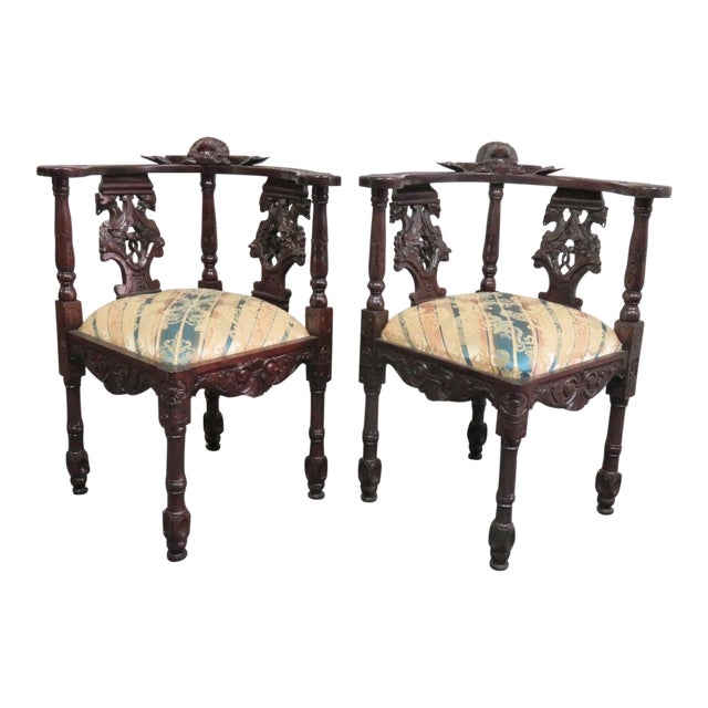 Victorian Style Mahogany Figural Carved Corner Chairs - a Pair For Sale
