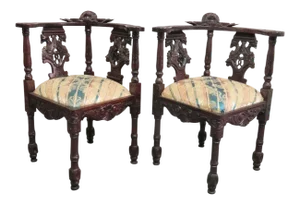 Victorian Style Mahogany Figural Carved Corner Chairs - a Pair