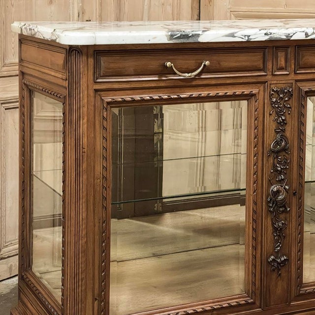 19th Century French Louis XVI Walnut Buffet With Marble Top & Hand Beveled Glass For Sale - Image 10 of 18