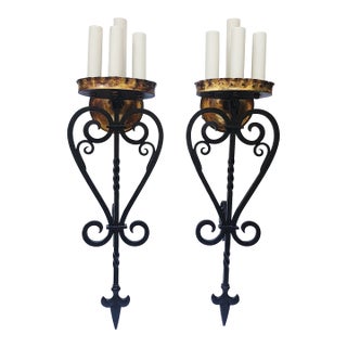 Mid Century Spanish Revival Wrought Iron Wall Sconces-a Pair For Sale