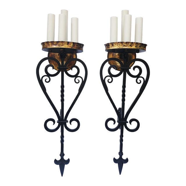 Mid Century Spanish Revival Wrought Iron Wall Sconces-a Pair For Sale