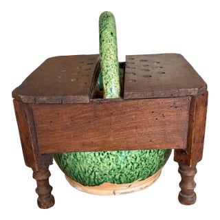 Set of 2, 19th Century French Country Wooden Foot Stool & Glazed Terracotta Couvot For Sale