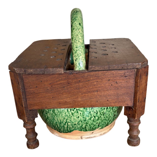 Set of 2, 19th Century French Country Wooden Foot Stool & Glazed Terracotta Couvot For Sale