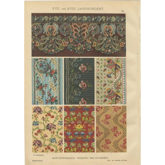 Ornamental Baroque Weaving and Embroidery Sample Print by H. Dolmetsch, 1890s This richly decorative antique print...