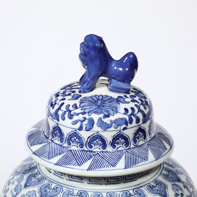 Ceramic Chinese Hand Painted Blue and White Fudog and Flower Temple Jar For Sale - Image 7 of 18