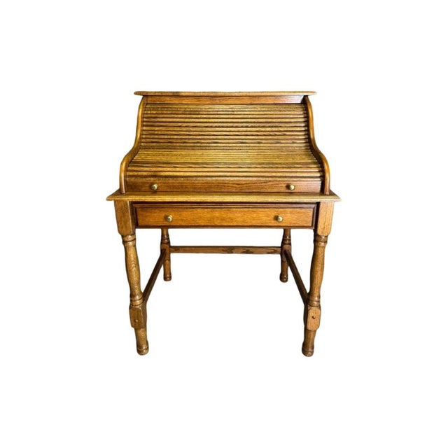 Vintage c .1970's Solid Oak Bradford Style Mini Roll-Top Desk Features traditional turned spindle legs and solid wood...