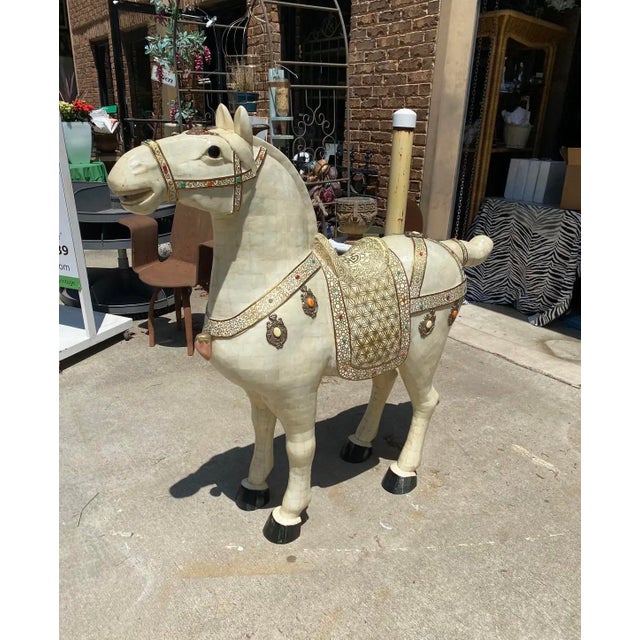 1970s Oversized Vintage Marble Horse Statue With Gem and Gold Details For Sale - Image 5 of 7