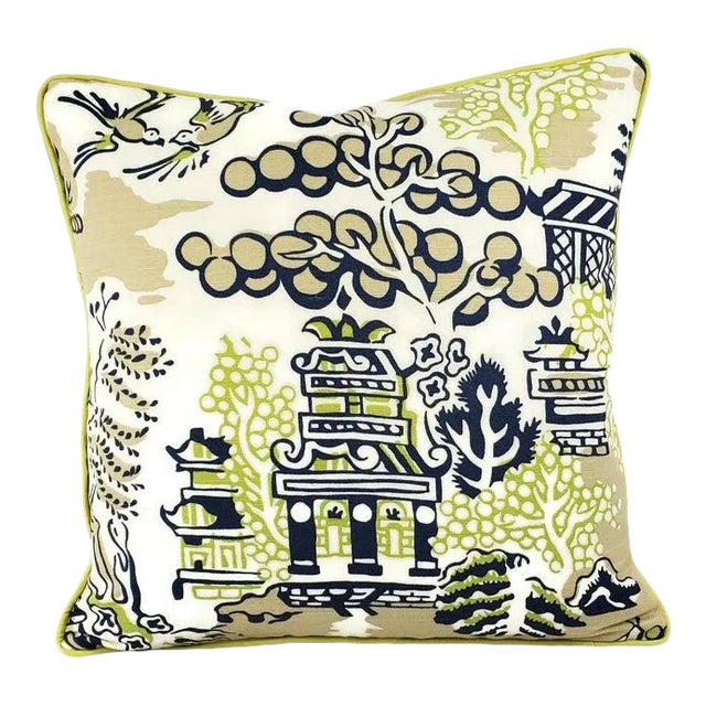 Thibaut Luzon in Navy on Beige With Lime Welt Pillow Cover For Sale