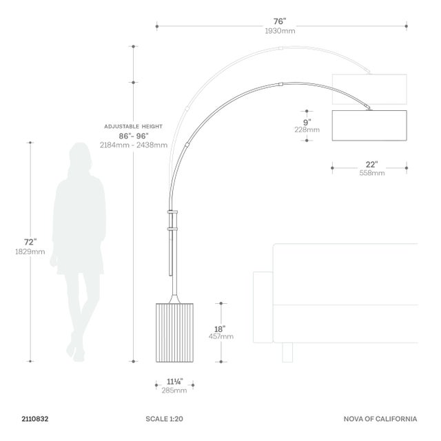 Mid-Century Modern 1980s Tambo 92"h 1-Light Arc Lamp, Turquoise Linen Shade, Dark Walnut Base, Satin Nickel, Dimmable, for Living Room or Bedroom For Sale - Image 3 of 3