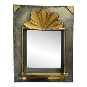 Vintage Punched Tin and Brass Scalloped Shelved Wall Mirror, Circa 1990