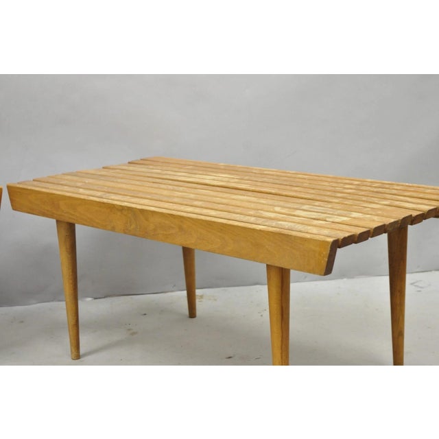 Vintage Mid Century Modern 36" Wood Slat Bench Coffee Table Side Table - A Pair For Sale - Image 14 of 16