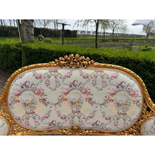 1970 French Louis XVI Gold Beech Damask Settee 1pc For Sale - Image 6 of 12