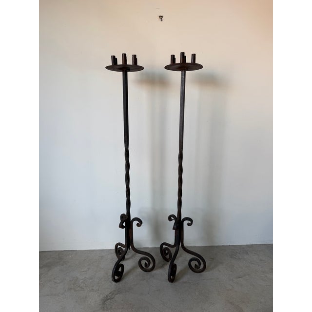 Brown Vintage Jan Barboges Hand-Forged Iron Floor Candle Holders – Pair For Sale - Image 8 of 12