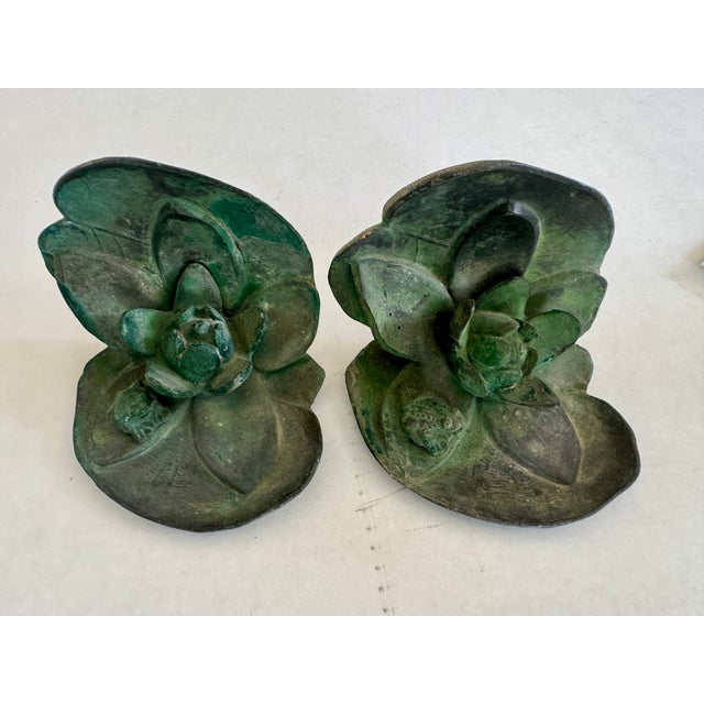 1920s Antique Pair of Lead Garden L Bookends Water Lily With Frog For Sale - Image 5 of 6