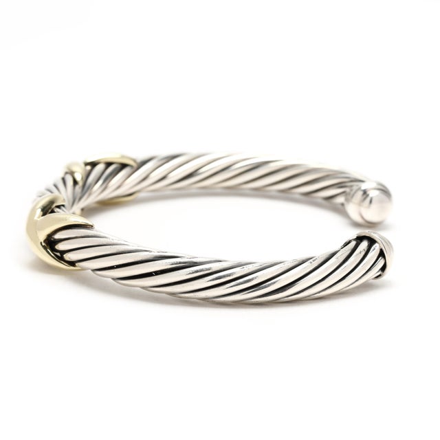 Modern David Yurman Double X Cuff Bracelet, Sterling Silver & 14k Yellow Gold, 7 Inches For Sale - Image 3 of 7