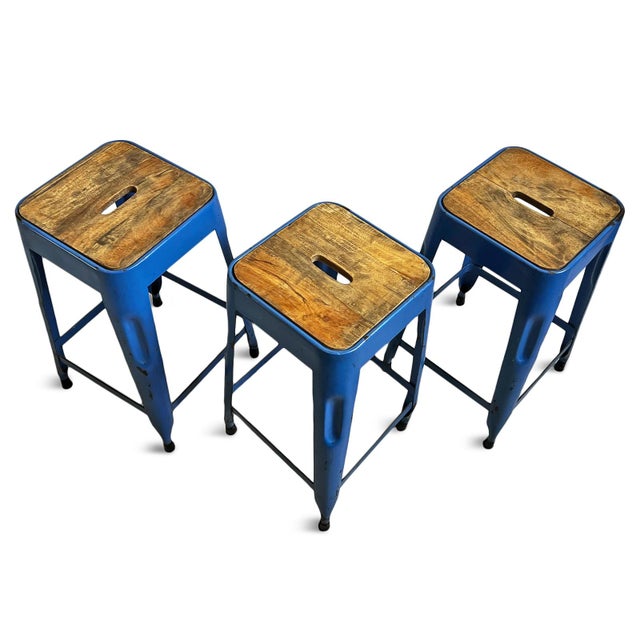 Vintage Industrial Blue Iron Stool For Sale In Los Angeles - Image 6 of 7