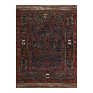 1890s Blue Navy Geometric Tribal Antique Afghan Baluch Carpet 4'4" X 6'9" Knotted Wool Rug For Sale