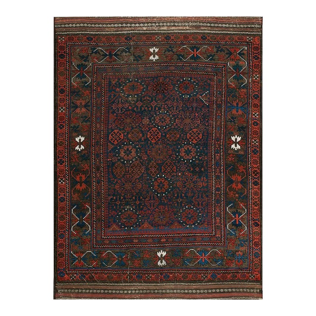 1890s Blue Navy Geometric Tribal Antique Afghan Baluch Carpet 4'4" X 6'9" Knotted Wool Rug For Sale