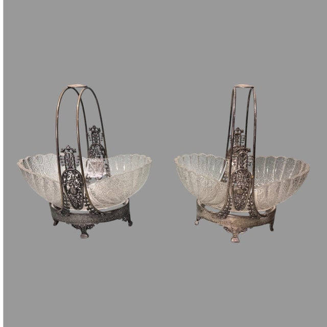 Metal Pair of Antique Victorian Silver Plate & Art Glass Brides Baskets With Birds For Sale - Image 7 of 8