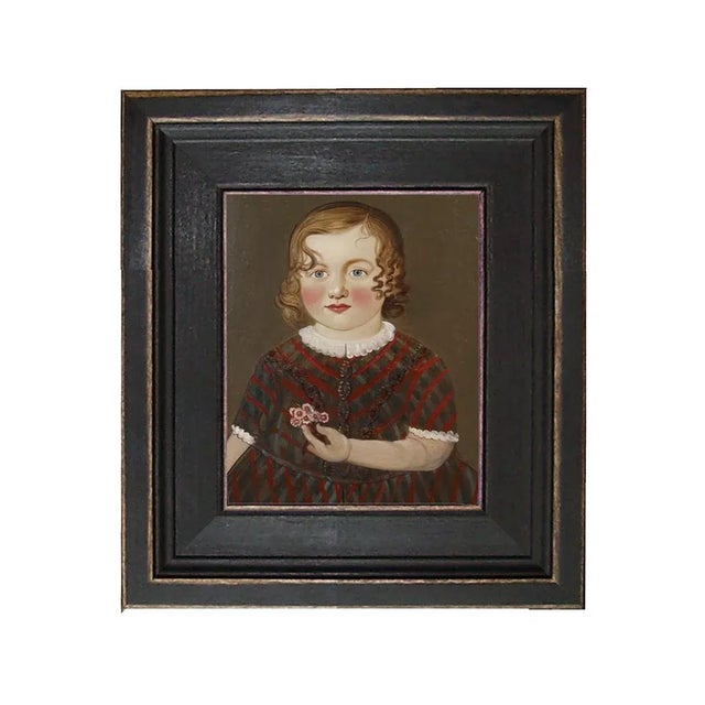 Girl in Red Dress Painting Reproduction Print on Canvas in Distressed Black Solid Ash Frame For Sale