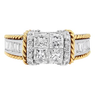 14K White and Yellow Gold 1 1/2 Cttw Invisible Set Princess-Cut Diamond Quad Style Engagement Ring (H-I Color, SI2-I1 Clarity) - Ring Size 7 For Sale