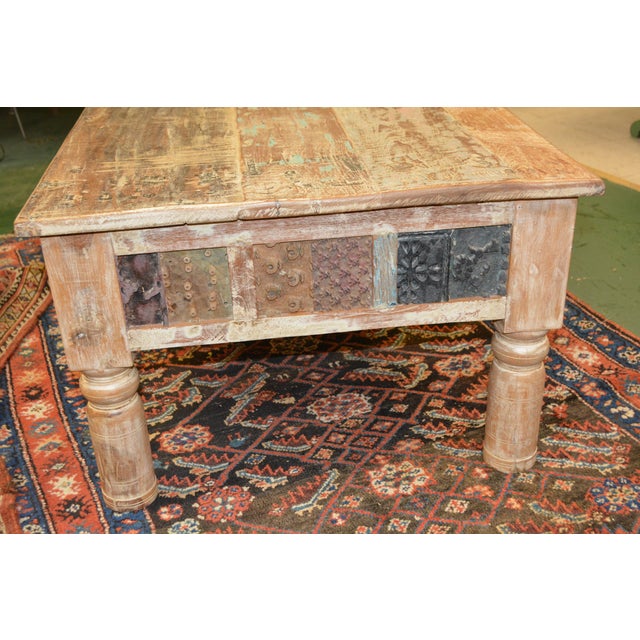 1980s Rustic Carved Panel Tan Wood Coffee Table W/ Aqua / Brown Bleached Indian For Sale - Image 6 of 16