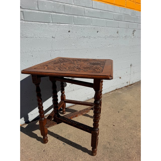 English Antique English Carved Oak Folding Side Table – Bobbin Turned Legs For Sale - Image 3 of 7