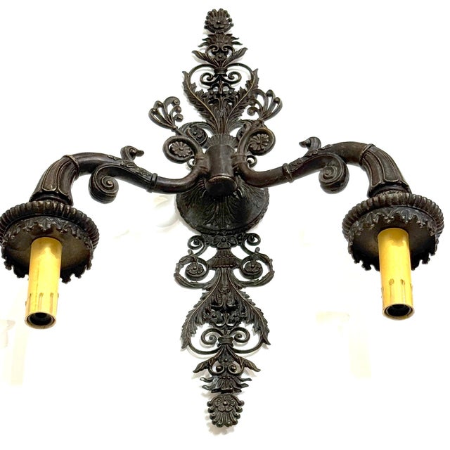 Large Pair of French Patinated Bronze Neoclassical Sconces, Mid 20th Century For Sale In Greensboro - Image 6 of 18