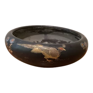 Vintage Ceramic Footed Bowl or Planter Birds and Flowers Hand Painted Motif Japan